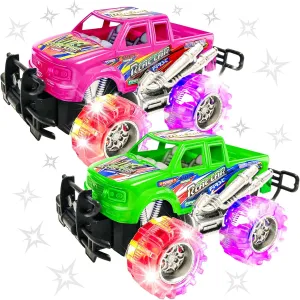 ArtCreativity Pink and Green Light Up Monster Truck Set for Boys and Girls, Set Includes 2, 6 Inch Monster Trucks with Beautiful Flashing LED Tires, Push n Go Toy Cars, Best Gift for Kids, for Ages 3 
