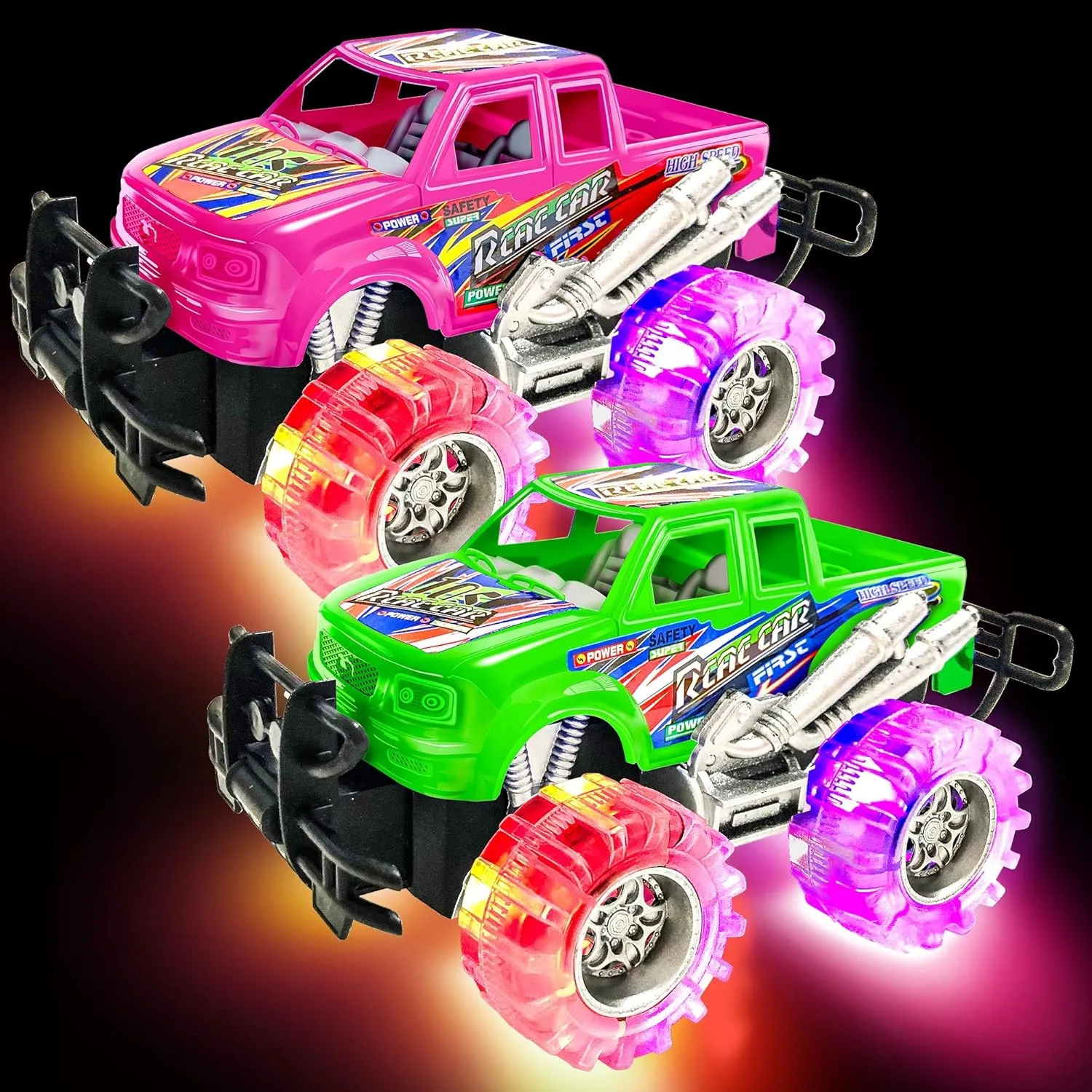 ArtCreativity Pink and Green Light Up Monster Truck Set for Boys and Girls, Set Includes 2, 6 Inch Monster Trucks with Beautiful Flashing LED Tires, Push n Go Toy Cars, Best Gift for Kids, for Ages 3 