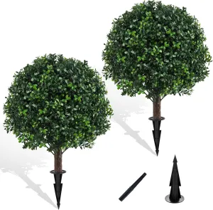 Artificial Boxwood Topiary Ball Bush 24" for Outdoor with Spike, Set of 2 UV Resistant Faux Boxwood Ball Tree with Stake, Weatherproof Fake Round Topiary Shrub Plant for Front Porch Planter