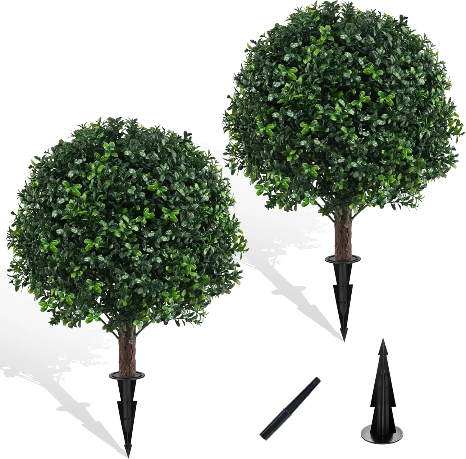 Artificial Boxwood Topiary Ball Bush 24" for Outdoor with Spike, Set of 2 UV Resistant Faux Boxwood Ball Tree with Stake, Weatherproof Fake Round Topiary Shrub Plant for Front Porch Planter