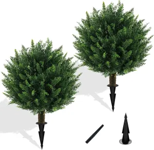 Artificial Cedar Topiary Ball Tree 23" with Ground Spike, Set of 2 UV Resistant Artificial Bushes for Outdoors Faux Shrubs, Weatherproof Fake Round Cypress Ball Bushes Plant for Front Porch