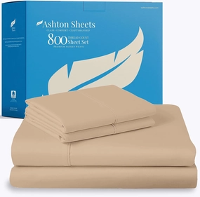 Ashton Sheets 100% Egyptian Cotton Twin XL Sheets Sets for Adjustable Bed - 3 PC 800 Thread Count Sleep Number Sheets Twin XL (Taupe), Cooling, 16" Deep Pocket Luxury Hotel Bedsheet