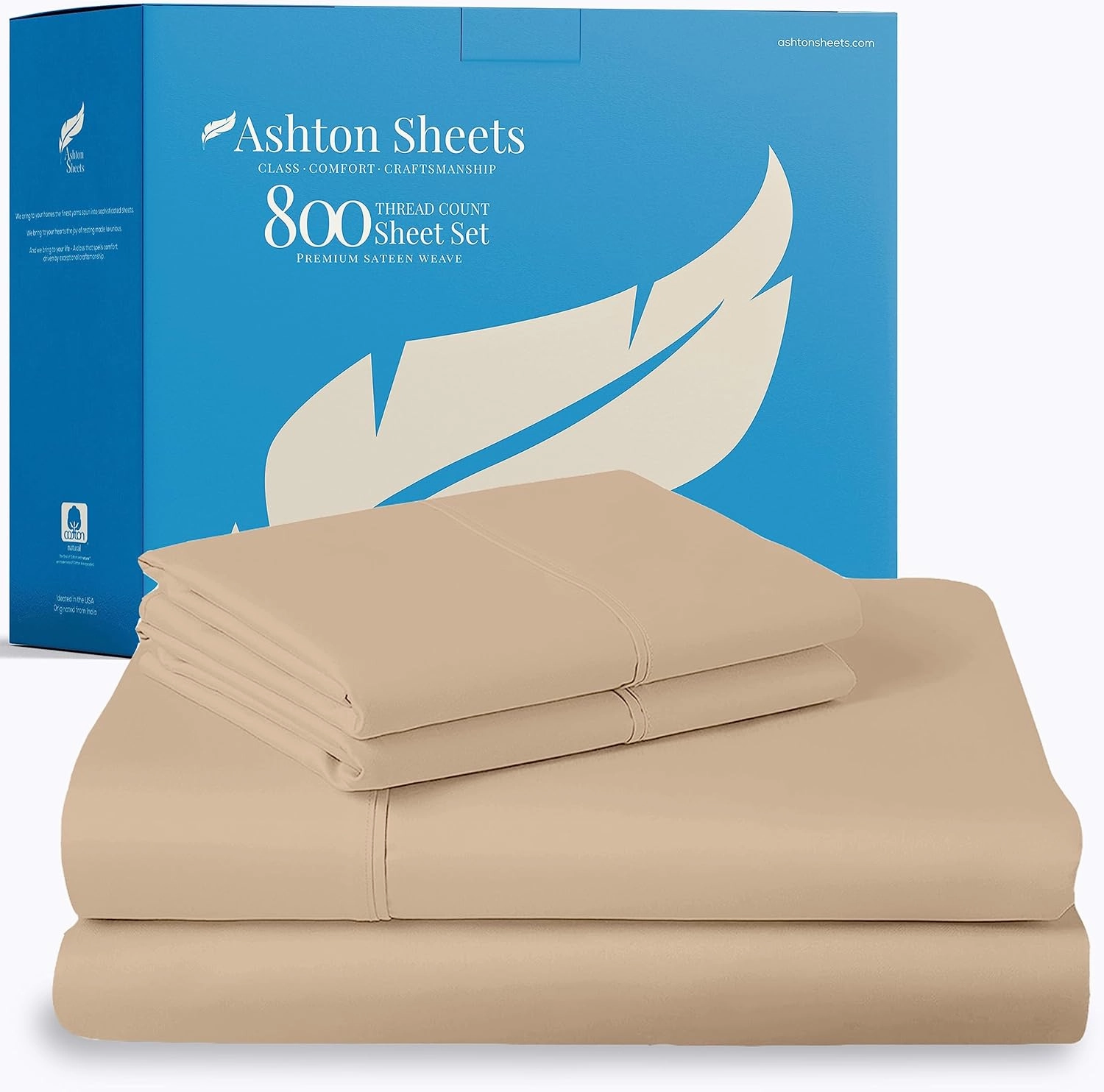 Ashton Sheets 100% Egyptian Cotton Twin XL Sheets Sets for Adjustable Bed - 3 PC 800 Thread Count Sleep Number Sheets Twin XL (Taupe), Cooling, 16" Deep Pocket Luxury Hotel Bedsheet