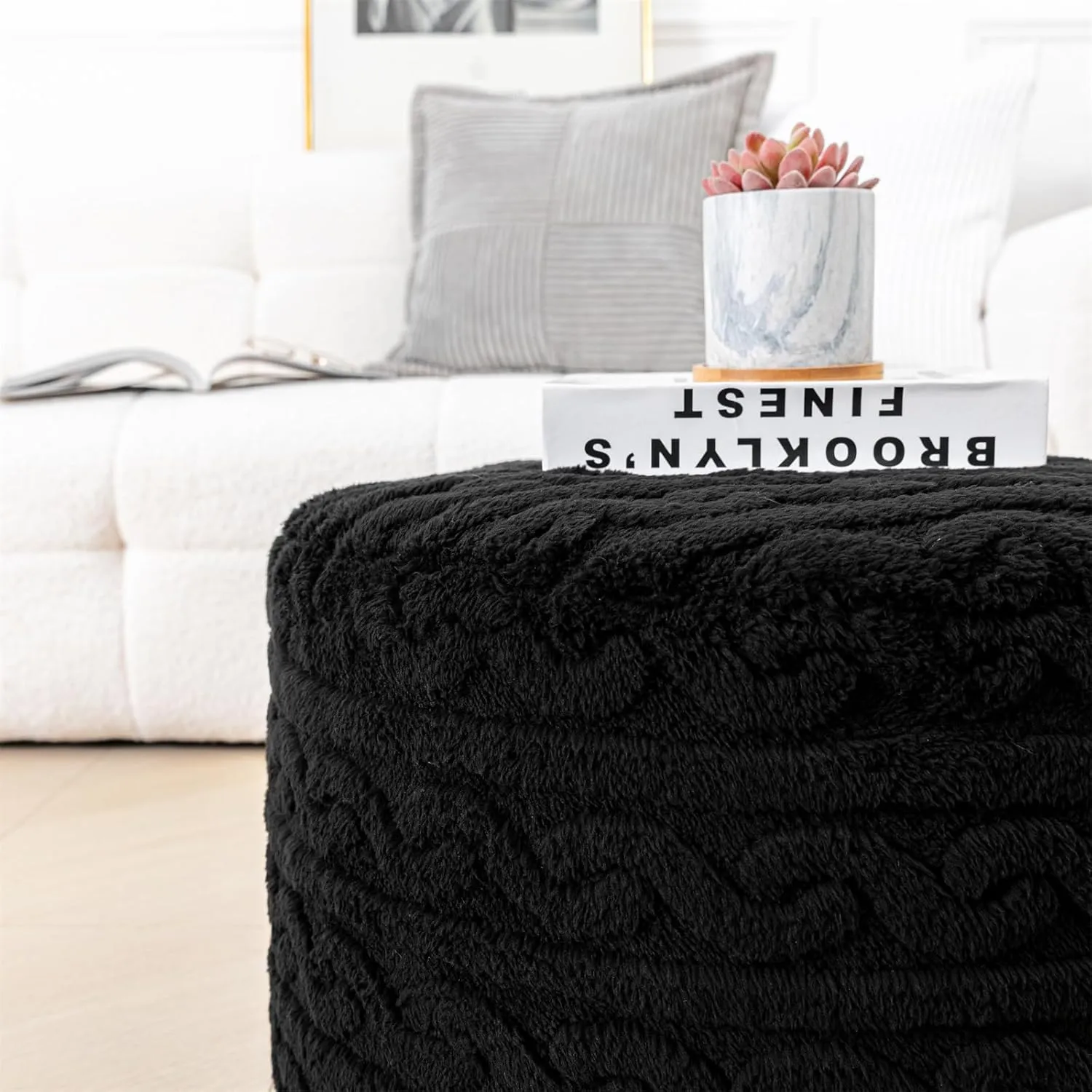 Asuprui Round Pouf Ottoman Stuffed Pouf Foot Stool Floor Chair for Living Room Bedroom Filled Boho Foam Ottoman Foot Rest for Couch 20 Diameter x 12 Height Black Pouf with Filler