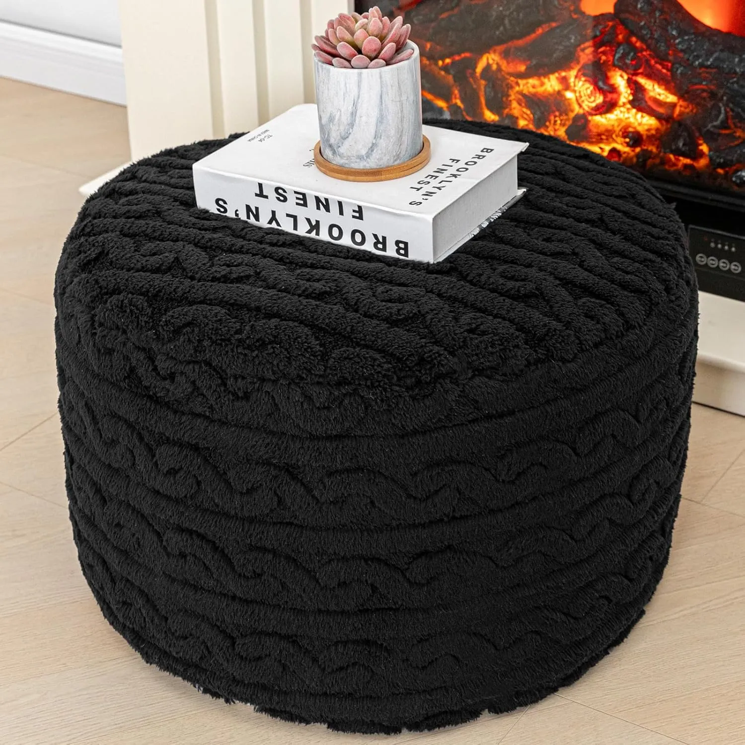 Asuprui Round Pouf Ottoman Stuffed Pouf Foot Stool Floor Chair for Living Room Bedroom Filled Boho Foam Ottoman Foot Rest for Couch 20 Diameter x 12 Height Black Pouf with Filler