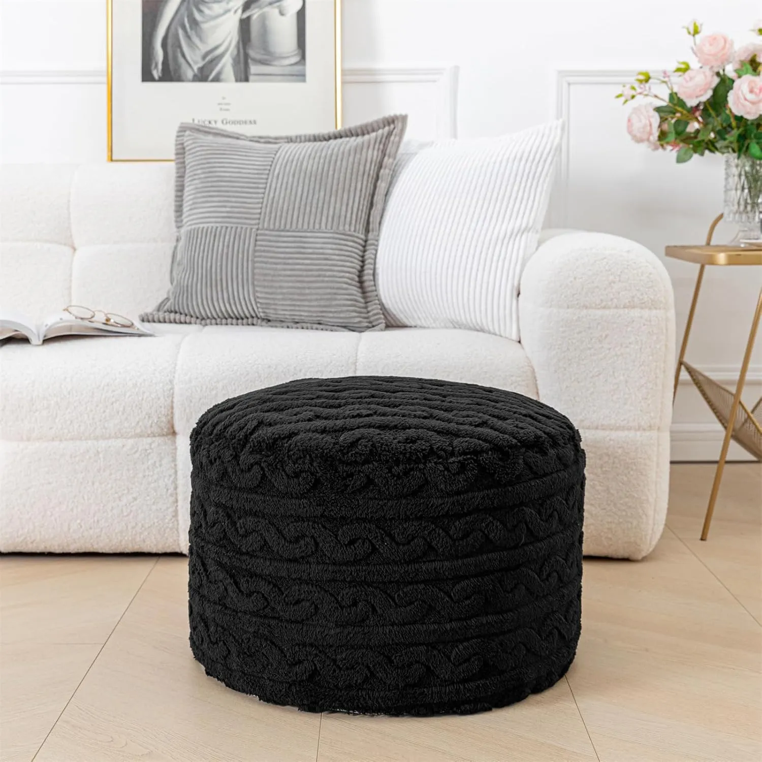 Asuprui Round Pouf Ottoman Stuffed Pouf Foot Stool Floor Chair for Living Room Bedroom Filled Boho Foam Ottoman Foot Rest for Couch 20 Diameter x 12 Height Black Pouf with Filler