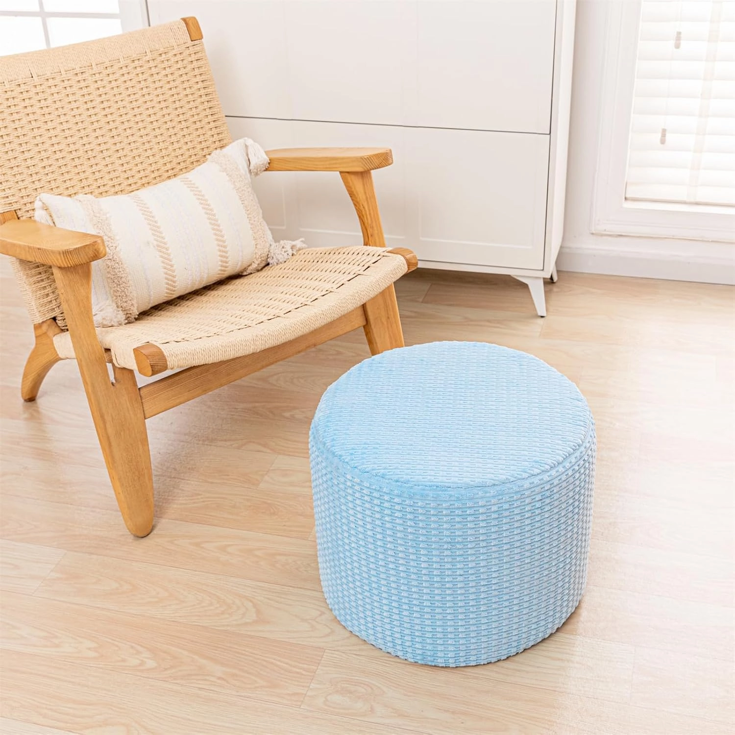 Asuprui Round Stuffed Ottoman Modern Supportive Foam Ottoman Foot Rest Furry Pouf Foot Stool 18x14 Inches Floor Poufs for Living Room Bedroom Blue