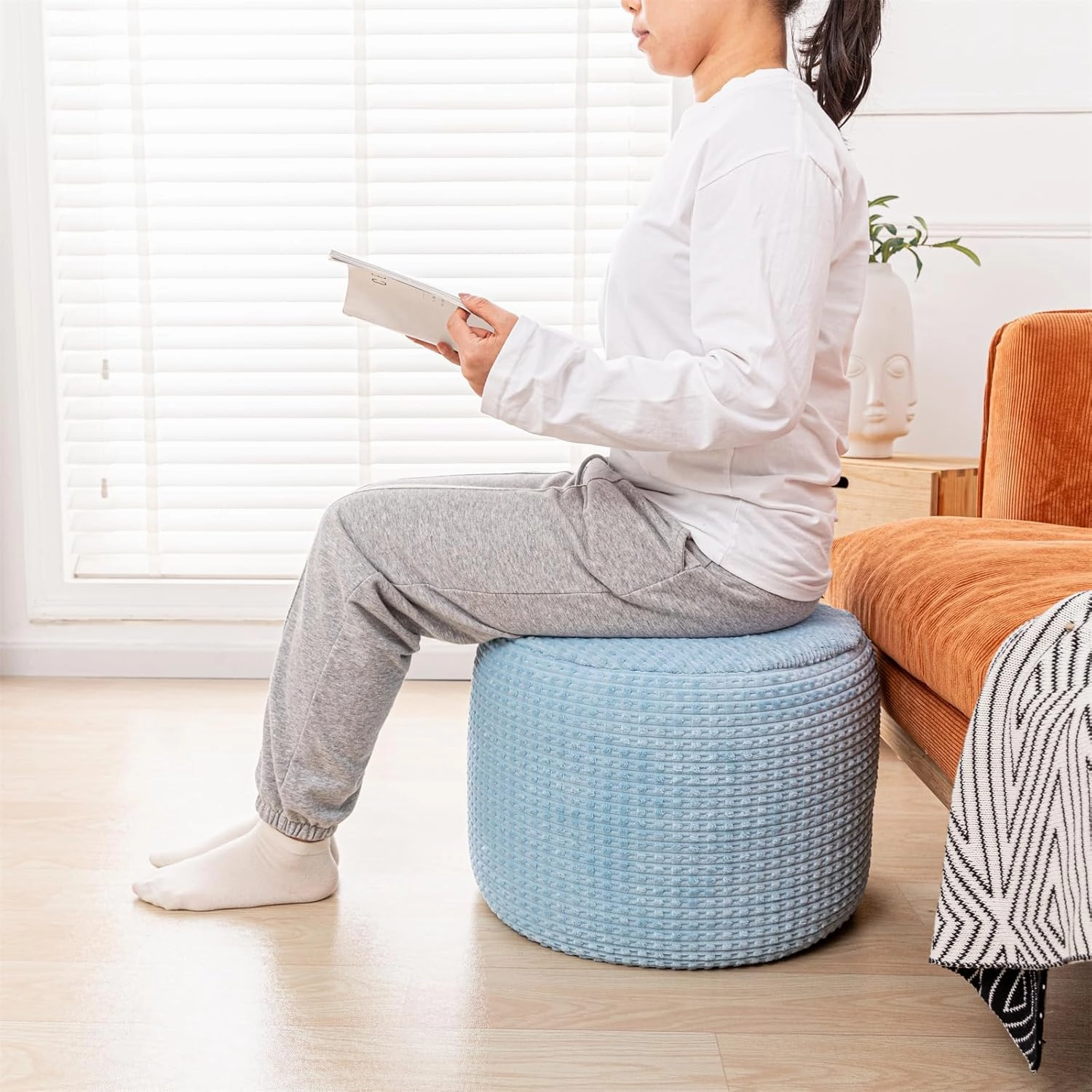 Asuprui Round Stuffed Ottoman Modern Supportive Foam Ottoman Foot Rest Furry Pouf Foot Stool 18x14 Inches Floor Poufs for Living Room Bedroom Blue