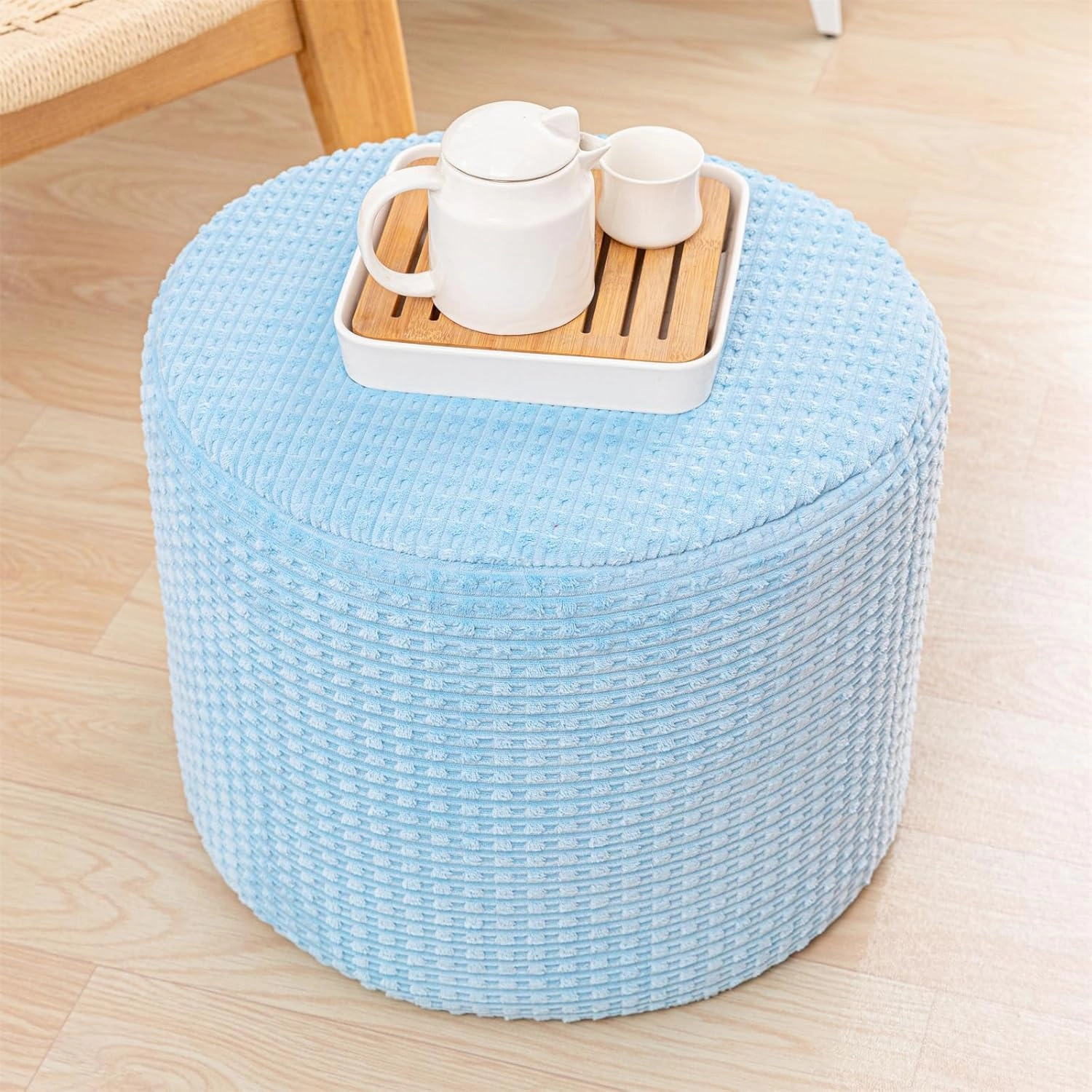 Asuprui Round Stuffed Ottoman Modern Supportive Foam Ottoman Foot Rest Furry Pouf Foot Stool 18x14 Inches Floor Poufs for Living Room Bedroom Blue