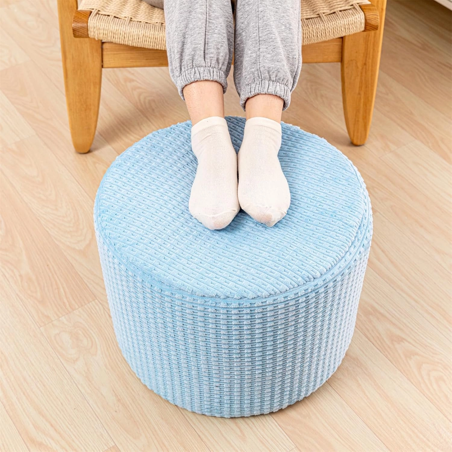 Asuprui Round Stuffed Ottoman Modern Supportive Foam Ottoman Foot Rest Furry Pouf Foot Stool 18x14 Inches Floor Poufs for Living Room Bedroom Blue