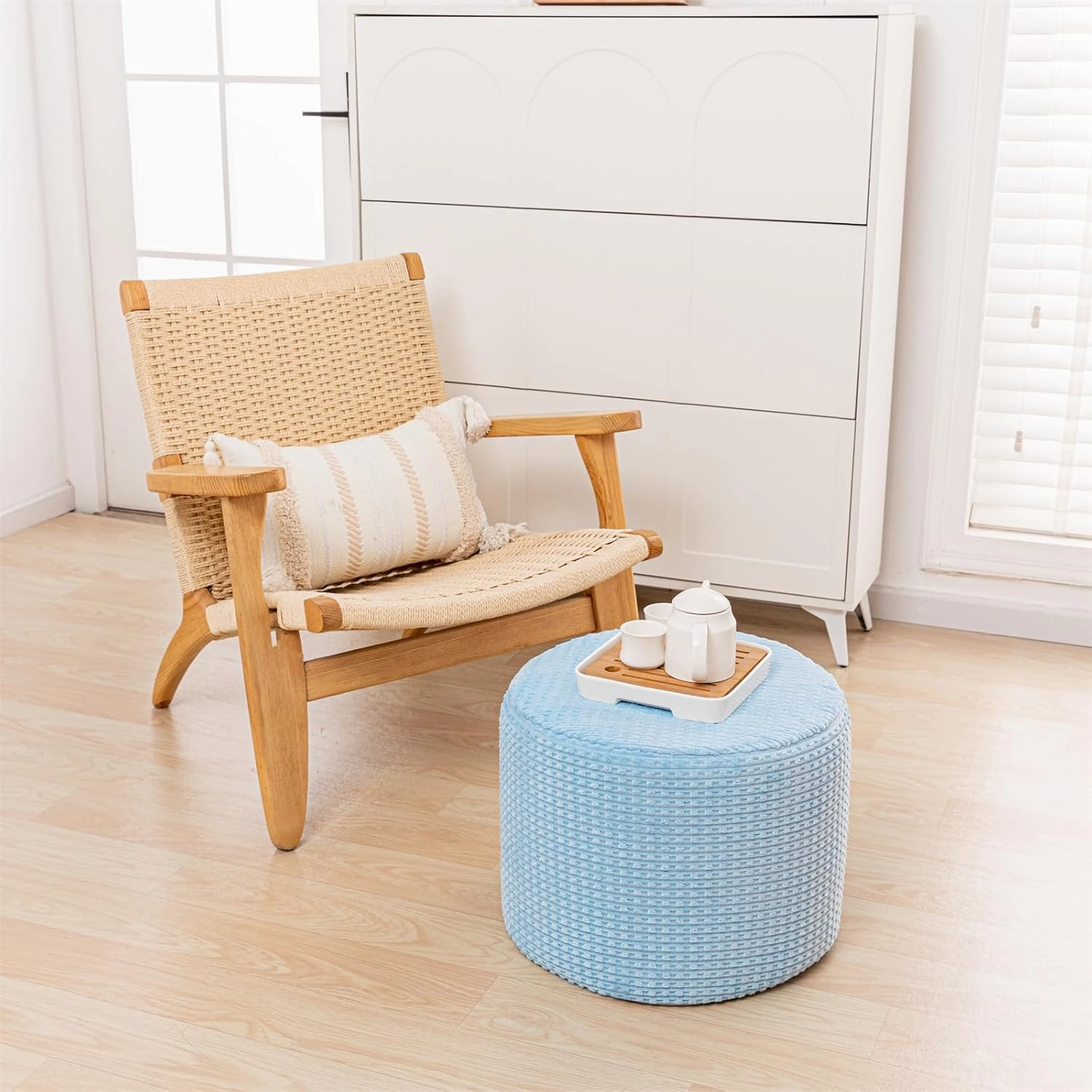 Asuprui Round Stuffed Ottoman Modern Supportive Foam Ottoman Foot Rest Furry Pouf Foot Stool 18x14 Inches Floor Poufs for Living Room Bedroom Blue