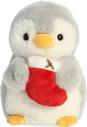 Aurora® Festive Pompom Penguin™ Pompom™ with Stocking Stuffed Animal - Vibrant Companions - Endless Fun - Gray 8 Inches