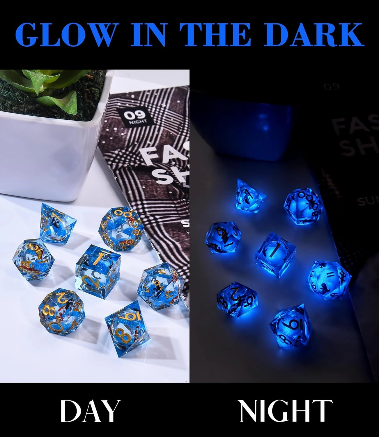 Austor Liquid Core Koi Fish Resin Glow in The Dark Polyhedral Dice Set - 7 Die Luminous Dice for Dungeons and Dragons RPG, MTG, Table Games