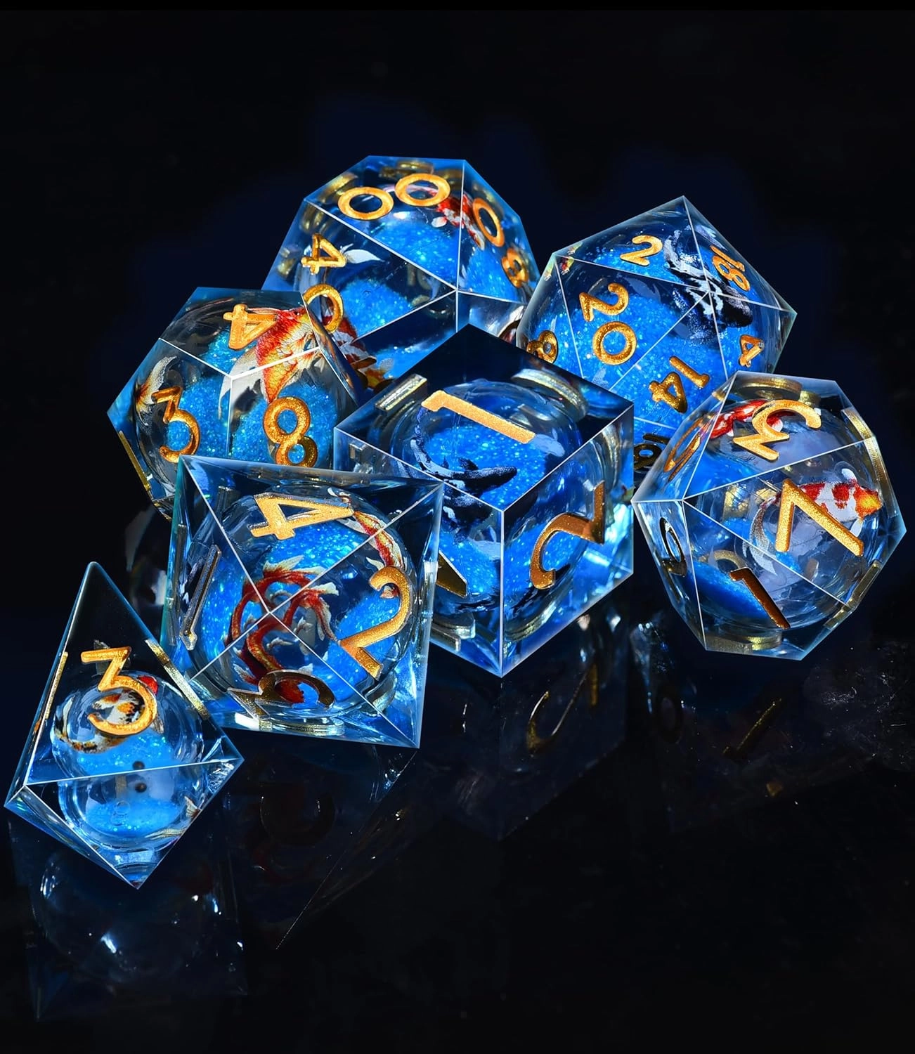 Austor Liquid Core Koi Fish Resin Glow in The Dark Polyhedral Dice Set - 7 Die Luminous Dice for Dungeons and Dragons RPG, MTG, Table Games
