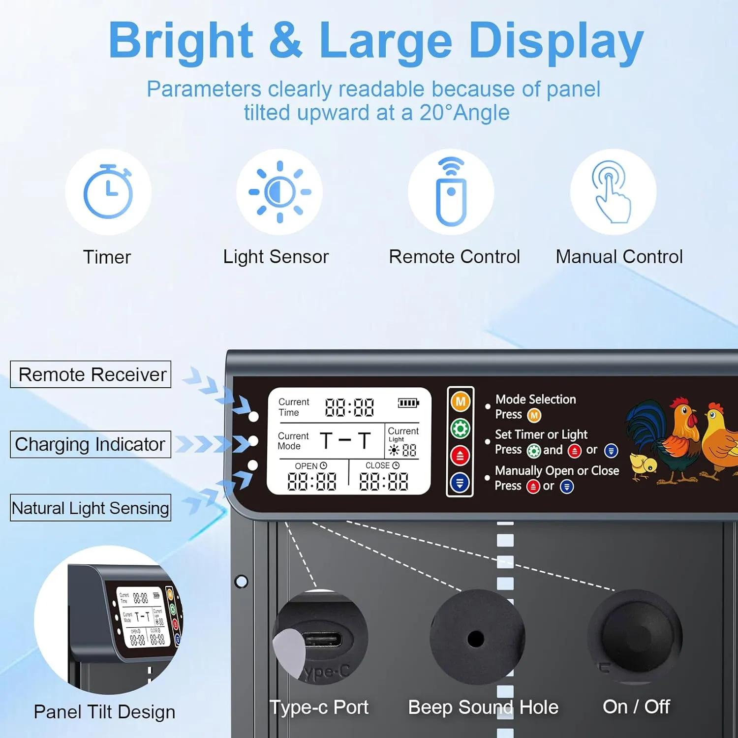 Automatic Chicken Coop Door Solar Powered, LCD Display Automatic Chicken Door with Timer & Light Sensor, Solar Chicken Coop Door with Remote Control & Anti-Pinch Function, Al-Alloy
