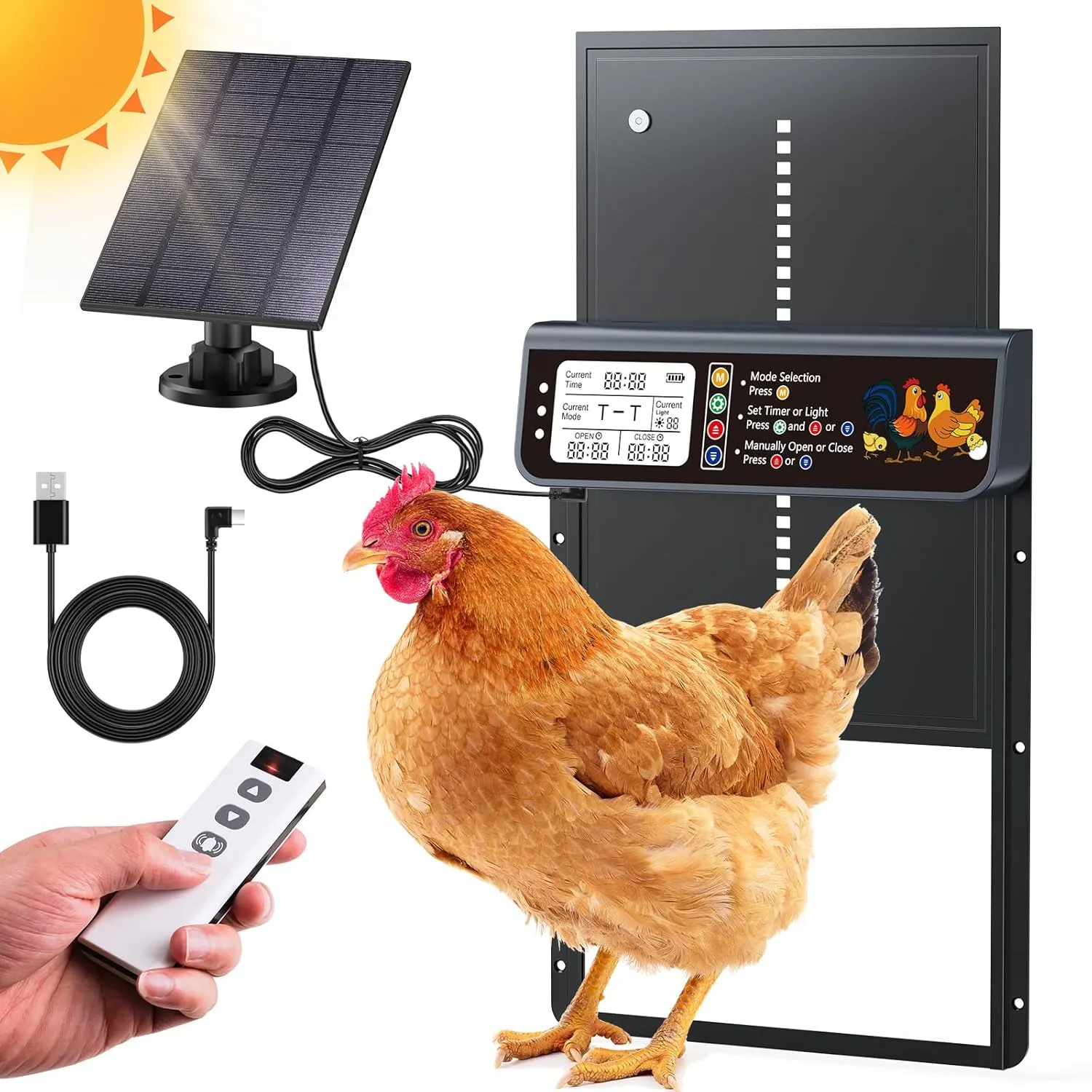 Automatic Chicken Coop Door Solar Powered, LCD Display Automatic Chicken Door with Timer & Light Sensor, Solar Chicken Coop Door with Remote Control & Anti-Pinch Function, Al-Alloy