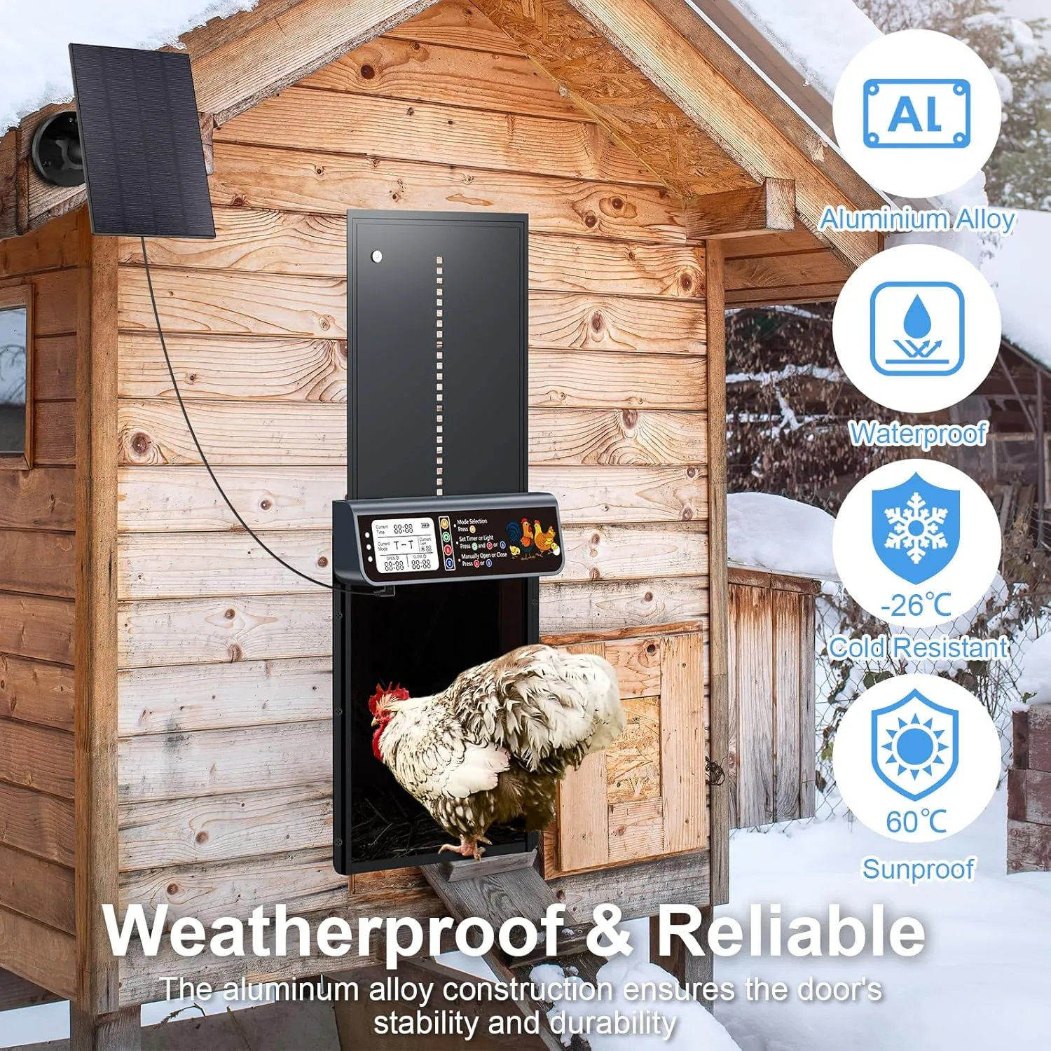 Automatic Chicken Coop Door Solar Powered, LCD Display Automatic Chicken Door with Timer & Light Sensor, Solar Chicken Coop Door with Remote Control & Anti-Pinch Function, Al-Alloy