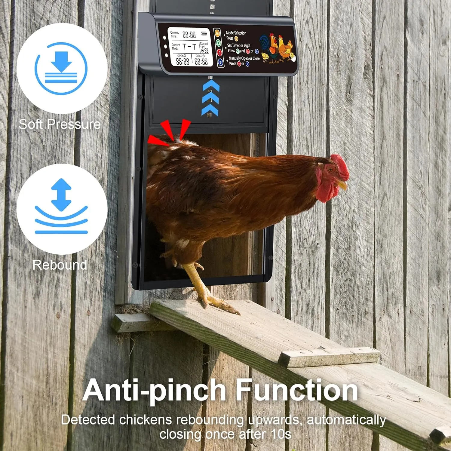Automatic Chicken Coop Door Solar Powered, LCD Display Automatic Chicken Door with Timer & Light Sensor, Solar Chicken Coop Door with Remote Control & Anti-Pinch Function, Al-Alloy
