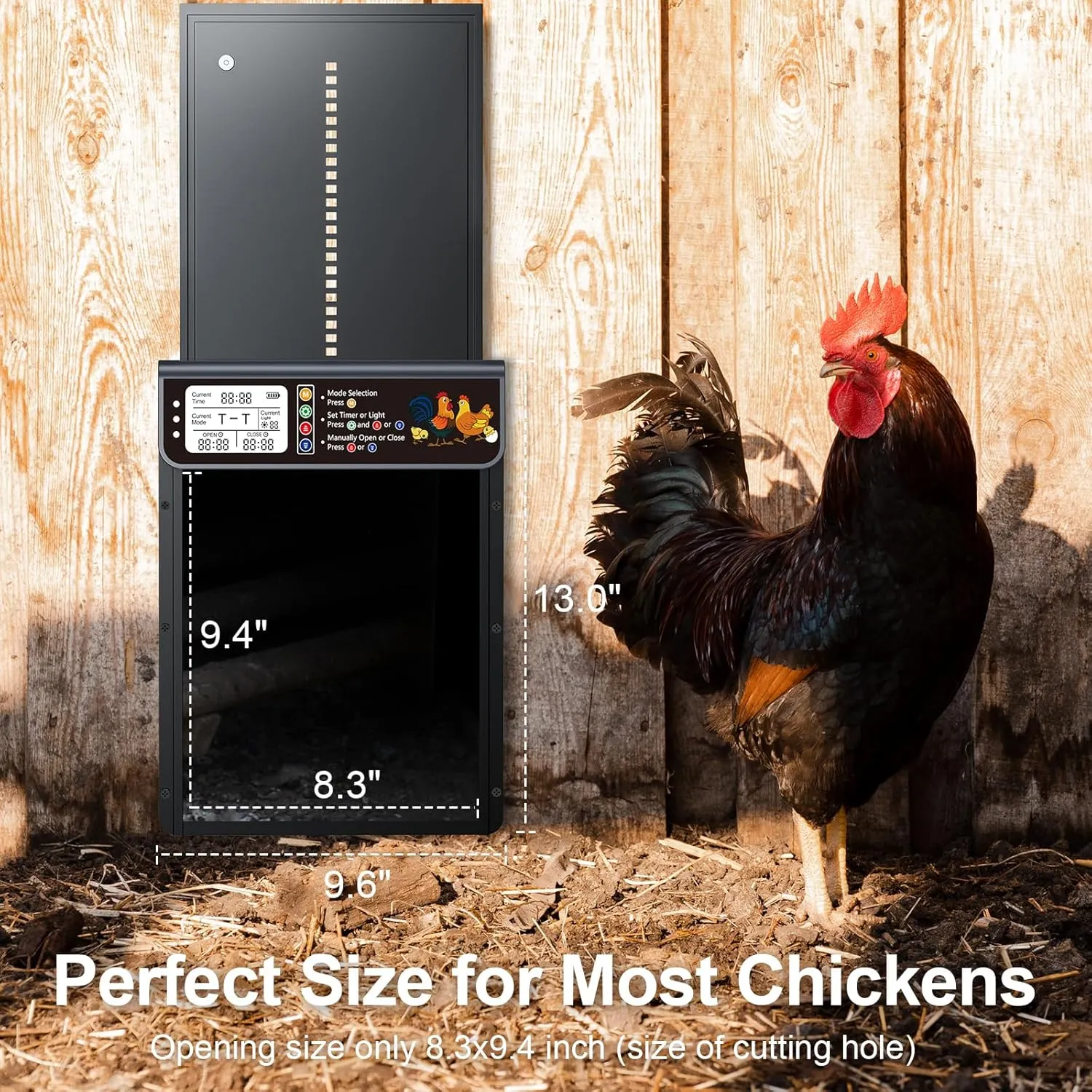 Automatic Chicken Coop Door Solar Powered, LCD Display Automatic Chicken Door with Timer & Light Sensor, Solar Chicken Coop Door with Remote Control & Anti-Pinch Function, Al-Alloy