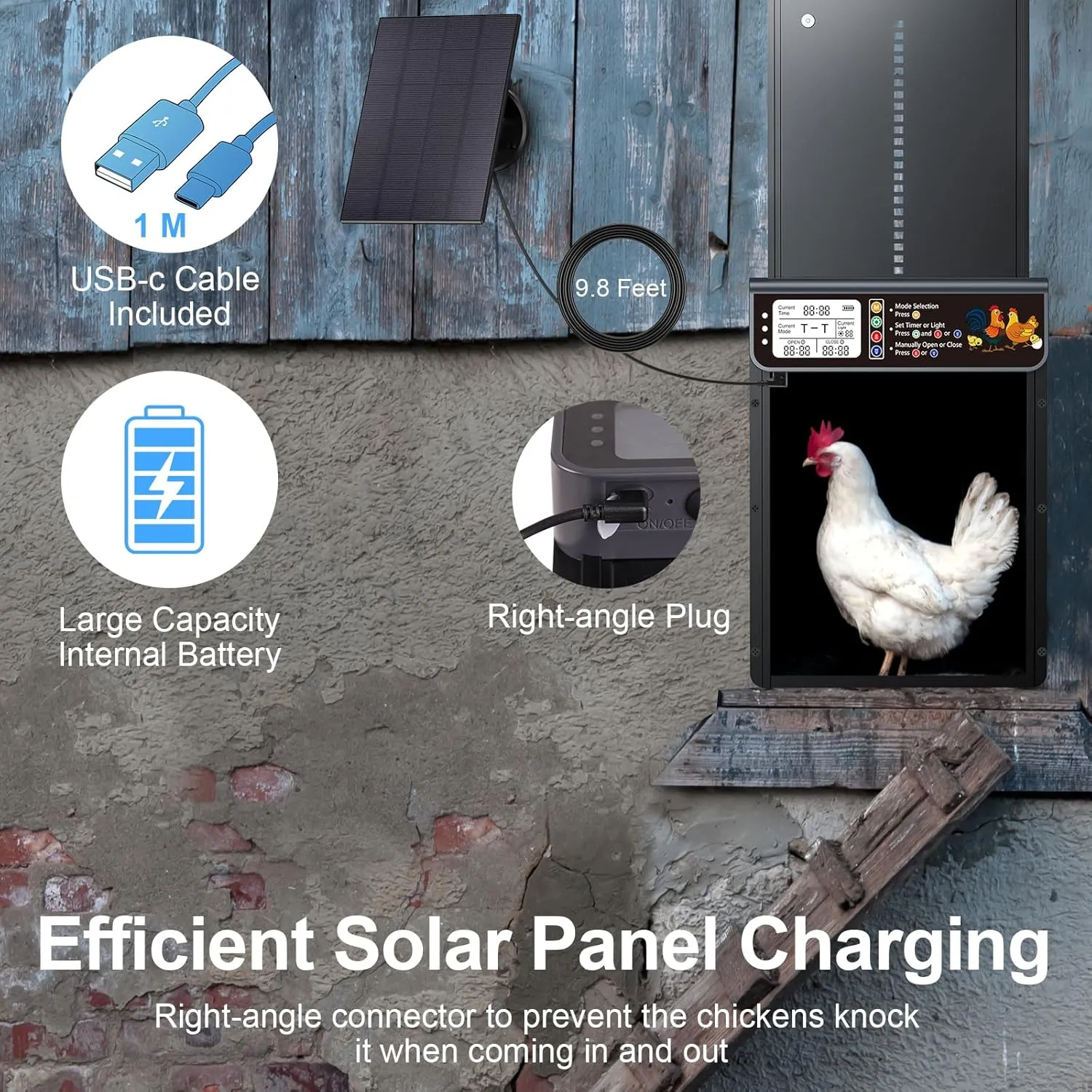Automatic Chicken Coop Door Solar Powered, LCD Display Automatic Chicken Door with Timer & Light Sensor, Solar Chicken Coop Door with Remote Control & Anti-Pinch Function, Al-Alloy