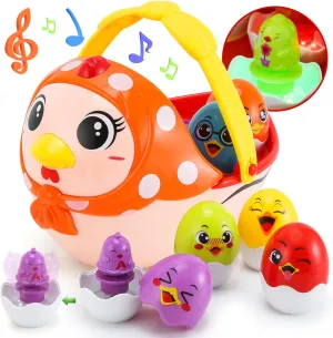 Baby Easter Egg Toy Basket, 6PCS Matching Musical Eggs for Babies Toddlers, Easter Basket Ideas for 1 2 3 4 5 Year Old Boys & Girls