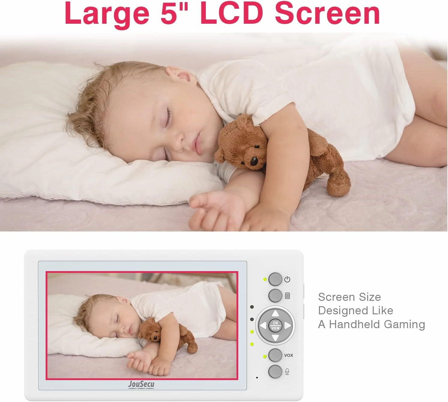 Baby Monitor with 2 Cameras, Video Baby Monitor with Camera and Audio No WiFi, 5 inch Split Screen with 20Hour Long Battery Life 1000ft Range, 720p, Night Vision, 2-Way Talk