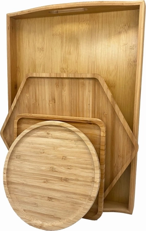 Bamboo Serving Trays Cutting Boards 16.5"x11.8"（42x30cm with Handle, Set Includes 0.63"(1.6cm) Thick Plates Hexagon 12.5"(32cm) Square 7.8"(20cm) Circle 7.8"(20cm) for Family Dinner Time
