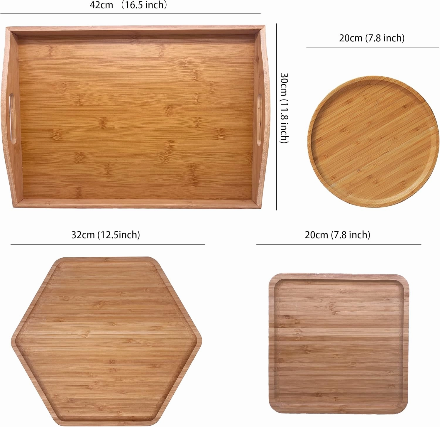 Bamboo Serving Trays Cutting Boards 16.5"x11.8"（42x30cm with Handle, Set Includes 0.63"(1.6cm) Thick Plates Hexagon 12.5"(32cm) Square 7.8"(20cm) Circle 7.8"(20cm) for Family Dinner Time