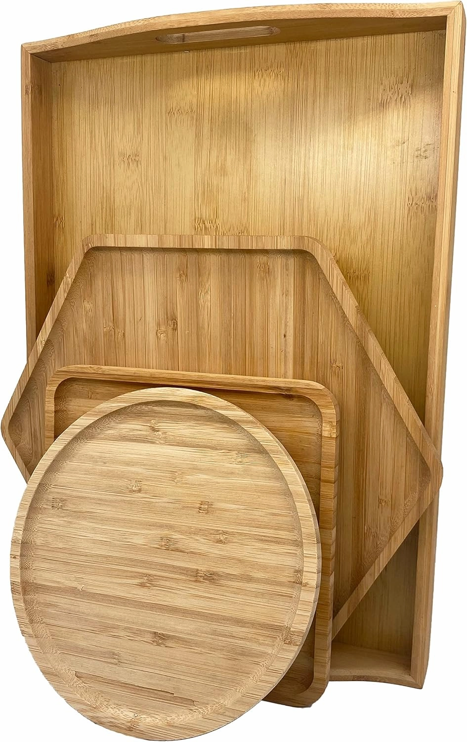 Bamboo Serving Trays Cutting Boards 16.5"x11.8"（42x30cm with Handle, Set Includes 0.63"(1.6cm) Thick Plates Hexagon 12.5"(32cm) Square 7.8"(20cm) Circle 7.8"(20cm) for Family Dinner Time