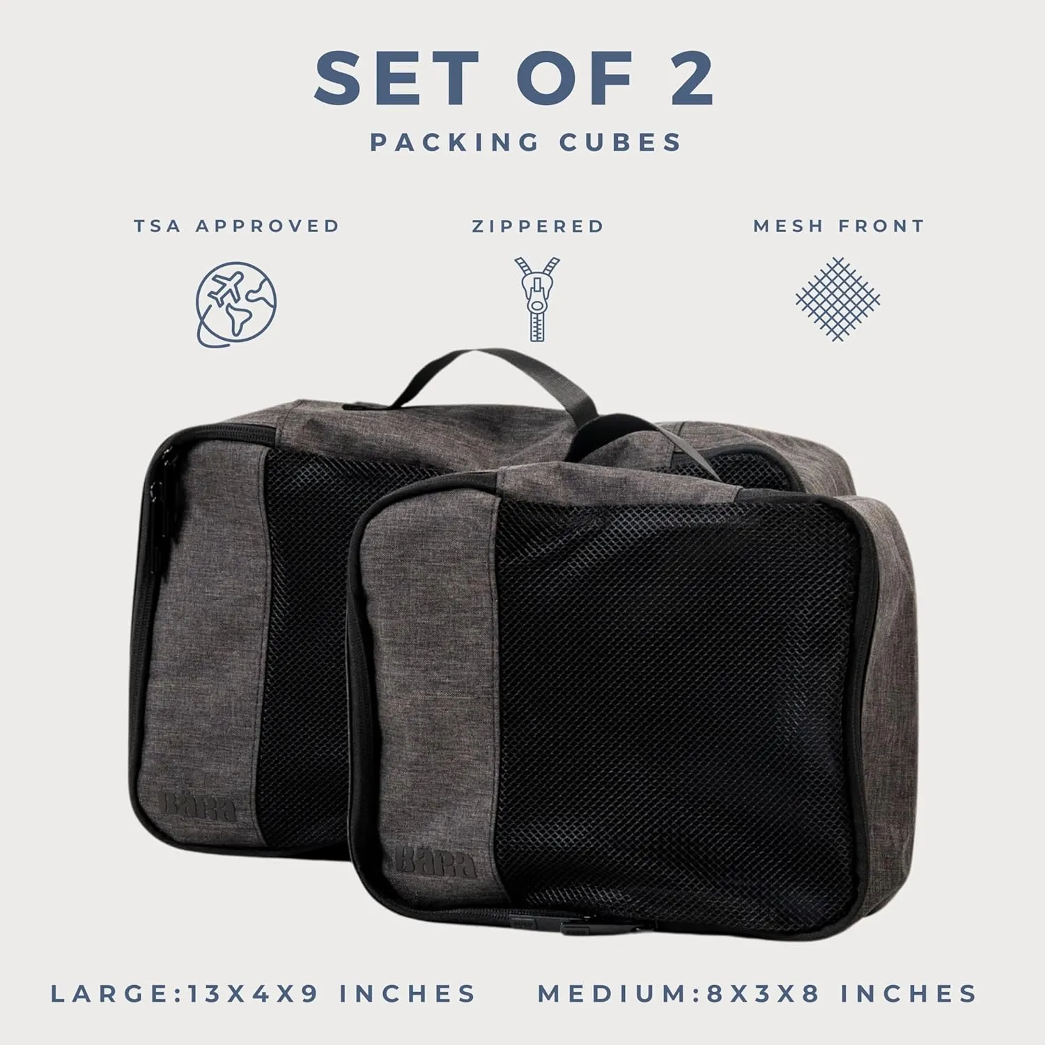 BARA Space Saving Packing Cubes for Carry On Suitcase Luggage Organization - Medium and Small Packing Organizers with a Mesh Top for Lightweight Travel Organization, Grey (Set of 2)