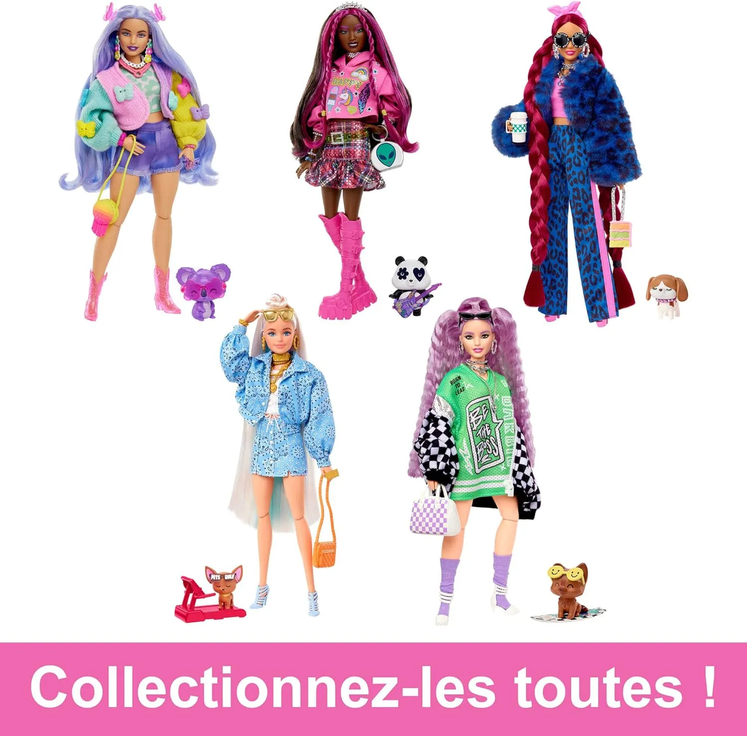 Barbie Extra Doll & Accessories with Pink-Streaked Brunette Hair in Graphic Hoodie & Plaid Skirt with Pet Panda