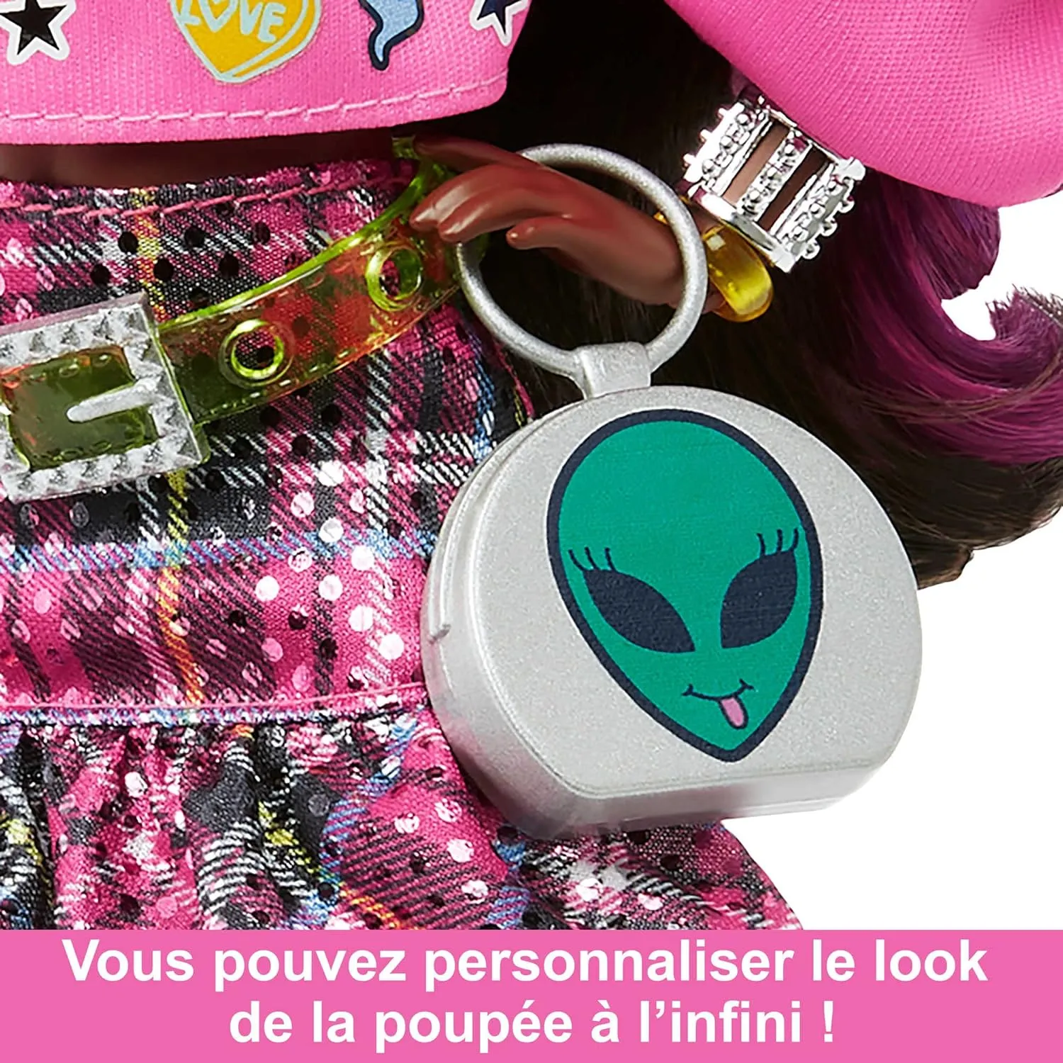 Barbie Extra Doll & Accessories with Pink-Streaked Brunette Hair in Graphic Hoodie & Plaid Skirt with Pet Panda
