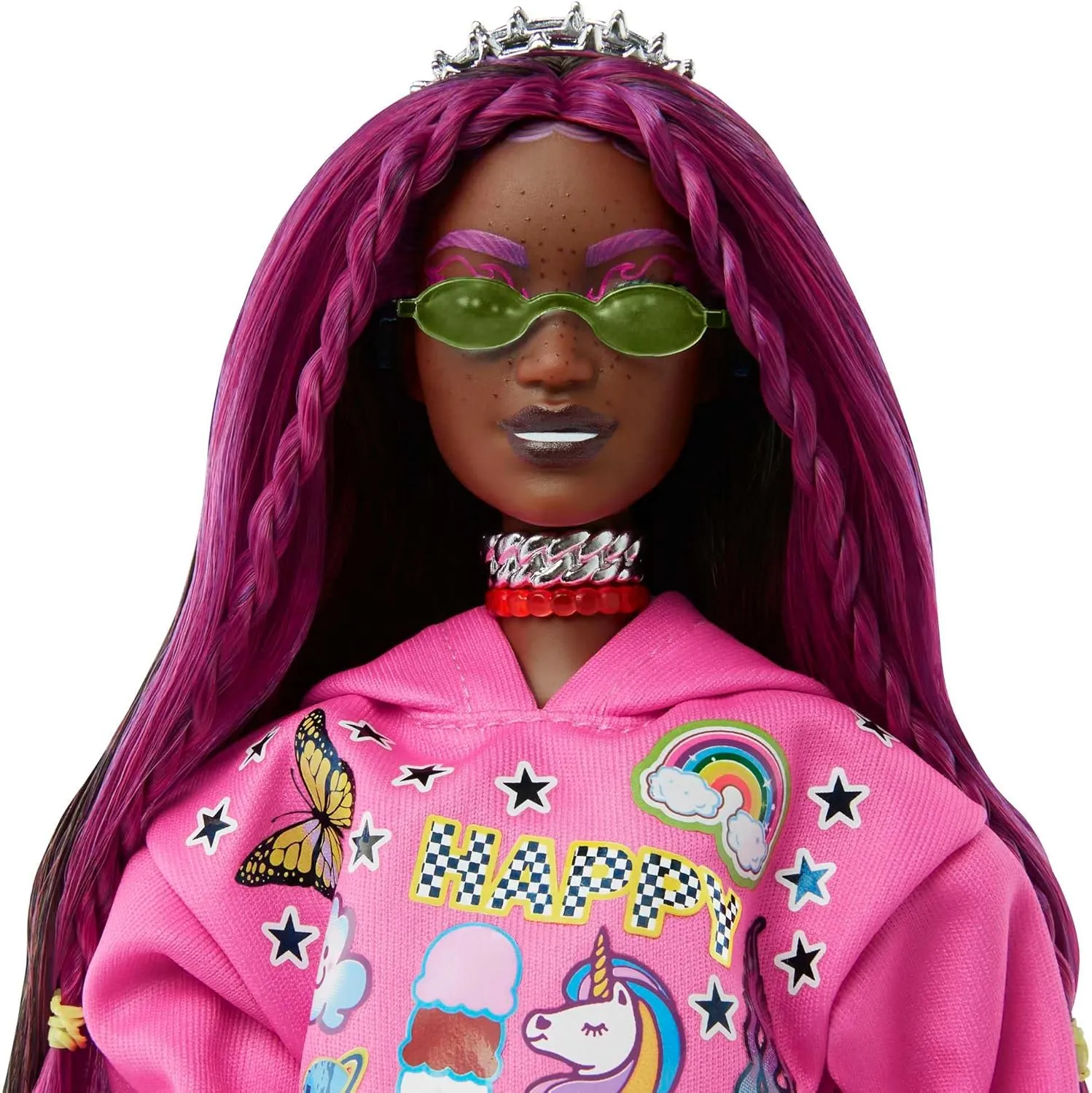 Barbie Extra Doll & Accessories with Pink-Streaked Brunette Hair in Graphic Hoodie & Plaid Skirt with Pet Panda