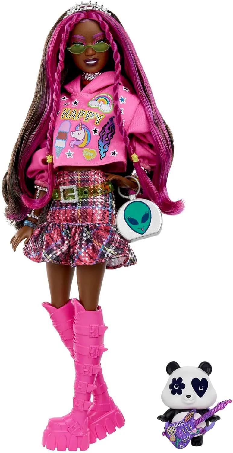 Barbie Extra Doll & Accessories with Pink-Streaked Brunette Hair in Graphic Hoodie & Plaid Skirt with Pet Panda