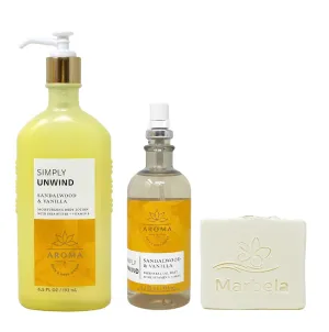 Bath & Body Works Aroma Simply Unwind Sandalwood & Vanilla Body Lotion and Essential Oil Mist Set with a Natural Oats Bar Soap - Full Size