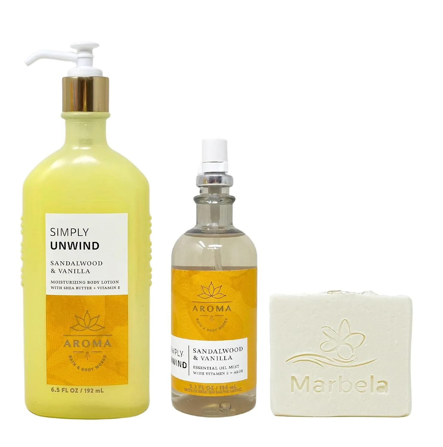Bath & Body Works Aroma Simply Unwind Sandalwood & Vanilla Body Lotion and Essential Oil Mist Set with a Natural Oats Bar Soap - Full Size