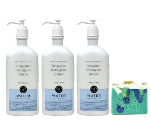 Bath & Body Works Aromatherapy Water Bergamot Lemongrass Juniper 3 Pack Body Lotion Gift Set Bundle with an Aloe Vera Bar Soap - Full Size
