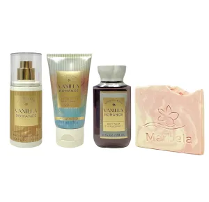 Bath & Body Works Vanilla Romance 3 Piece Bundle - Fine Fragrance Mist - Body Cream and Body Wash - with a Himalayan Salts Springs Sample Soap - Travel Size