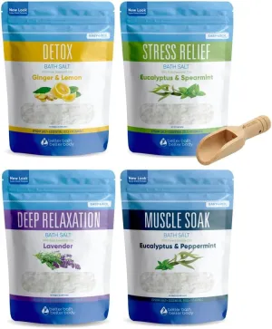 Bath Salts Sampler (4-Pack of 2-lbs) Variety Bath Soaks with Bamboo Scoop