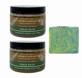 Bath & Body Works Aromatherapy Eucalyptus   Spearmint 2 Pack Sugar Body Scrub Set with a Fresh Forest Bar Soap - Full Size