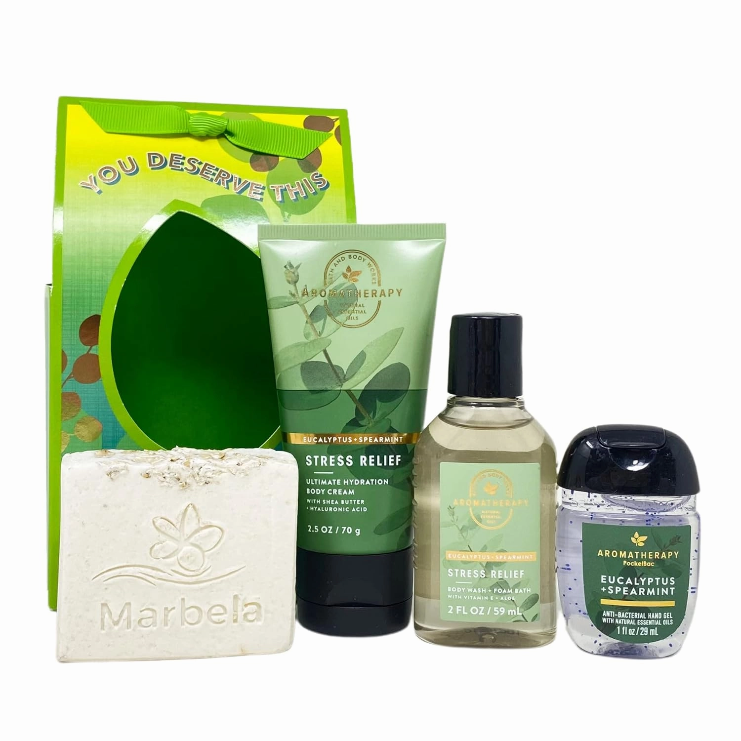 Bath & Body Works Aromatherapy Stress Relief EUCALYPTUS   SPEARMINT You Deserve This Travel Gift Bag Set - Body Cream - Body Wash   Foam Bath - Hand Gel - with a Natural Oats Bar Soap - Travel Size