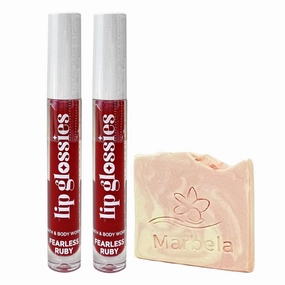 Bath & Body Works Lip Glossies 2 Piece Set - Fearless Ruby - with a Himalayan Salts Springs Sample Soap
