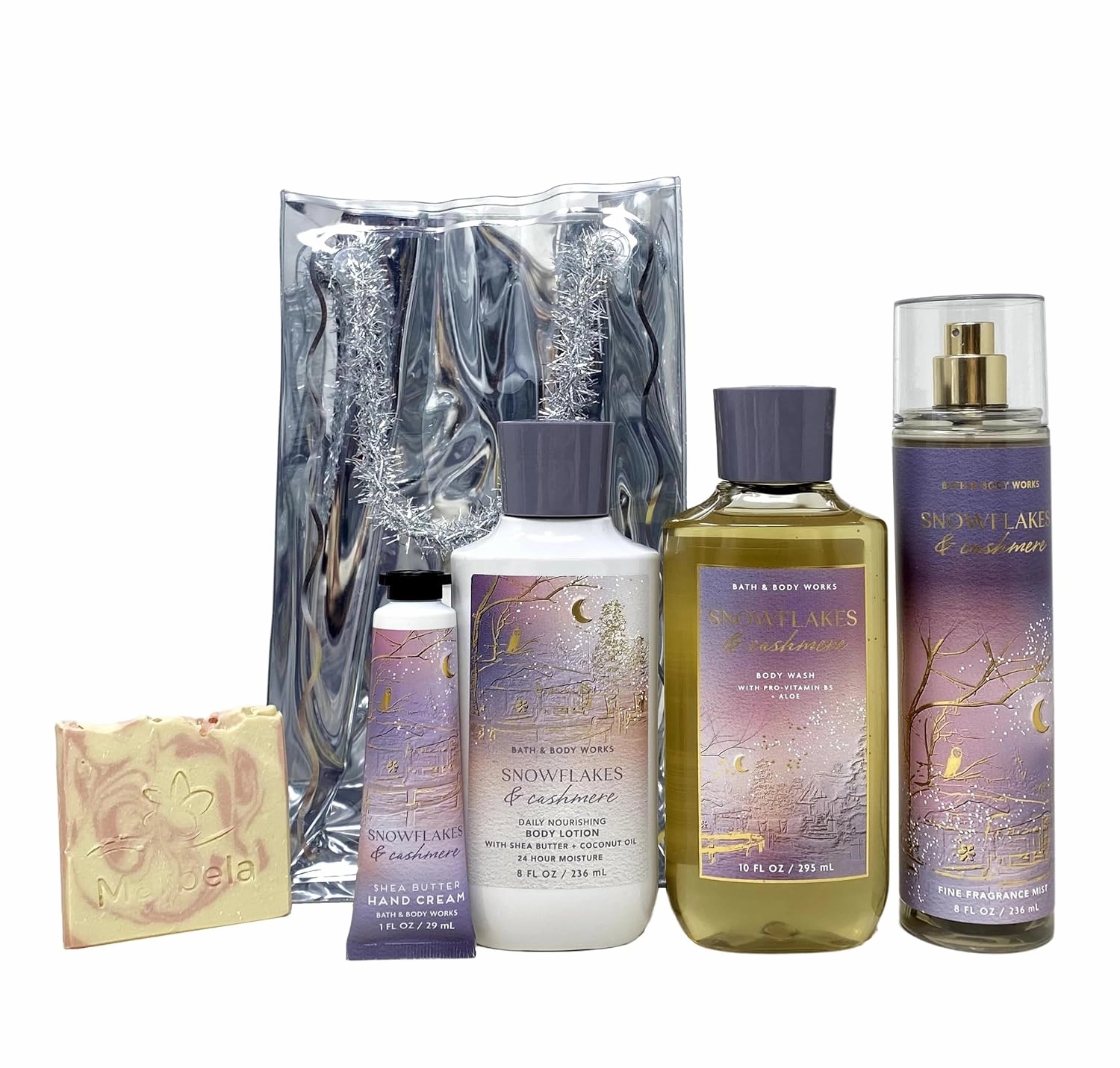 Bath & Body Works Snowflakes & Cashmere Deluxe Gift Bag Set - Fragrance Mist - Body Wash - Body Lotion and Hand Cream - with a Himalayan Salts Springs Sample Soap.
