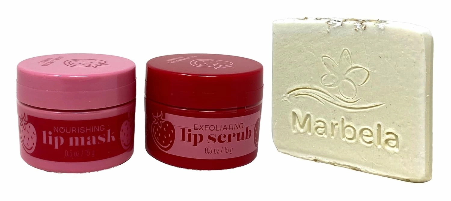 Bath & Body Works Strawberry Pound Cake Exfoliating Lip Scrub and Nourishing Lip Mask with a Natural Oats Sample Soap