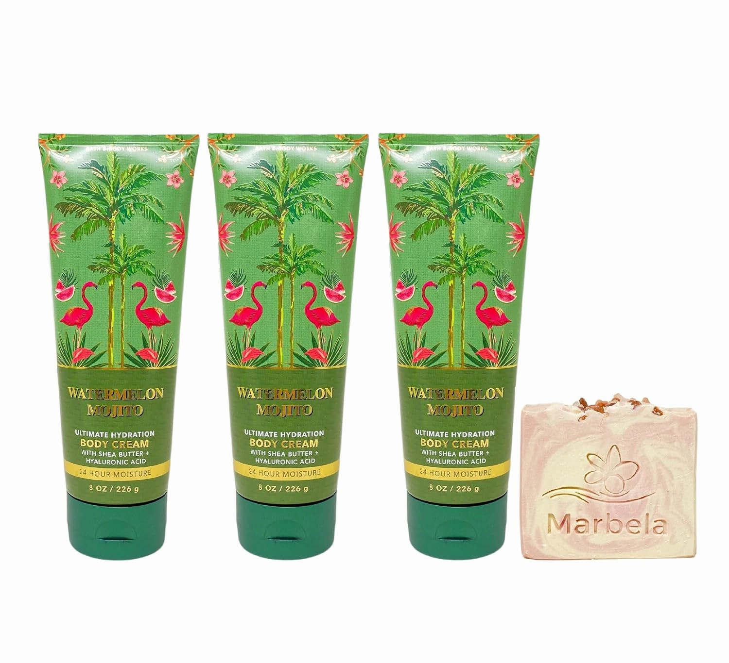 Bath & Body Works Watermelon Mojito 3 Pack Body Cream Set with a Himalayan Salts Springs Bar Soap - Full Size