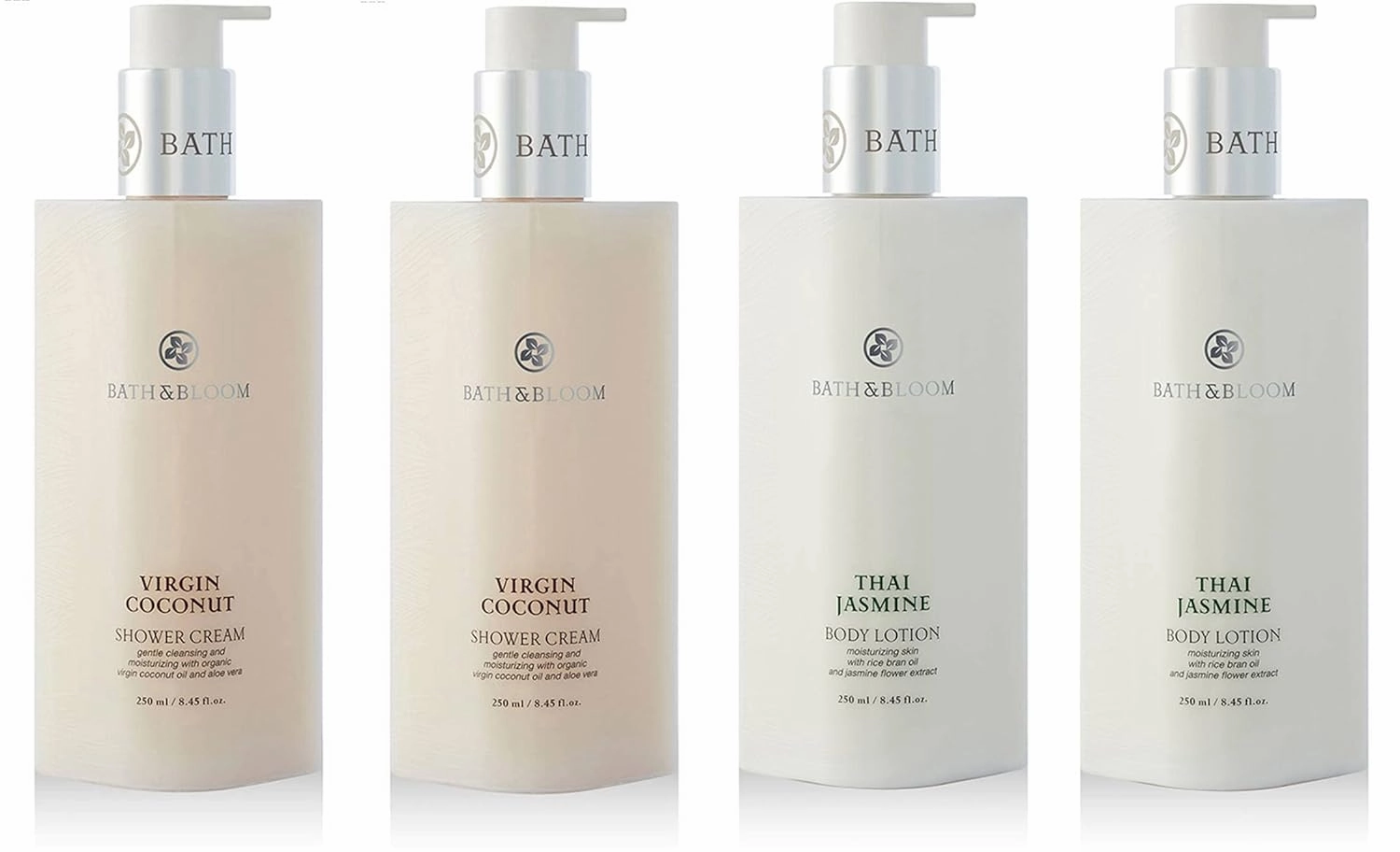 BATH and BLOOM Virgin Coconut Shower Cream and Jasmine Body Lotion Set.