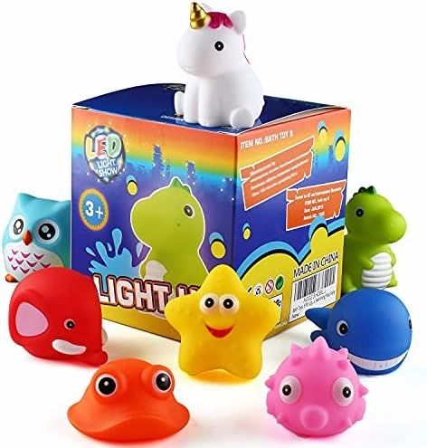 Bath Toys, 8 Pcs Light Up Floating Rubber Animal Toys Set, Flashing Color Changing Light in Water, Baby Infants Kids Toddler Child Preschool Bathtub Bathroom Shower Games Swimming Pool Party
