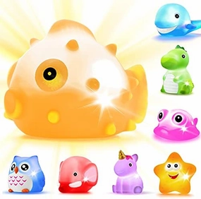 Bath Toys, 8 Pcs Light Up Floating Rubber Animal Toys Set, Flashing Color Changing Light in Water, Baby Infants Kids Toddler Child Preschool Bathtub Bathroom Shower Games Swimming Pool Party