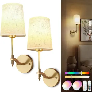 Battery Operated Wall Sconces Set of 2, Gold Rechargeable Wall Lights with 15 RGB Dimmable Detachable Bulbs and Remote, Wireless Battery Powered LED Wall Lamp for Living Room Bedroom