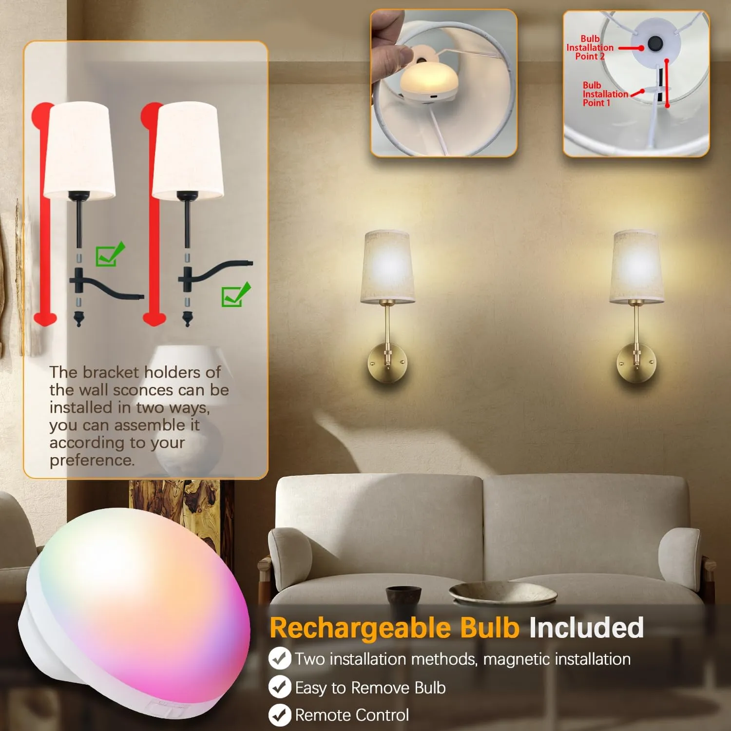 Battery Operated Wall Sconces Set of 2, Gold Rechargeable Wall Lights with 15 RGB Dimmable Detachable Bulbs and Remote, Wireless Battery Powered LED Wall Lamp for Living Room Bedroom